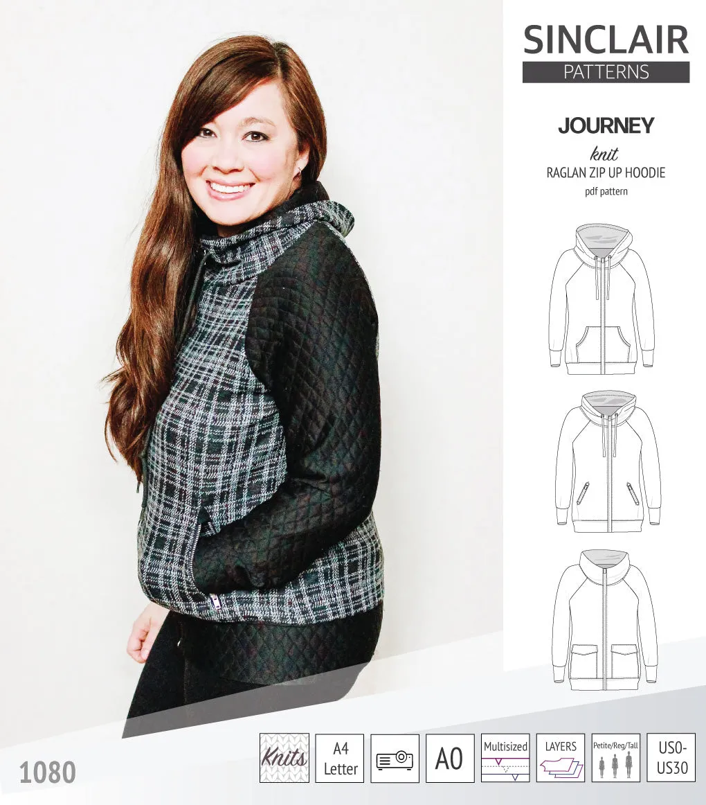 Journey zip up knit raglan hoodie with different pocket styles (PDF)