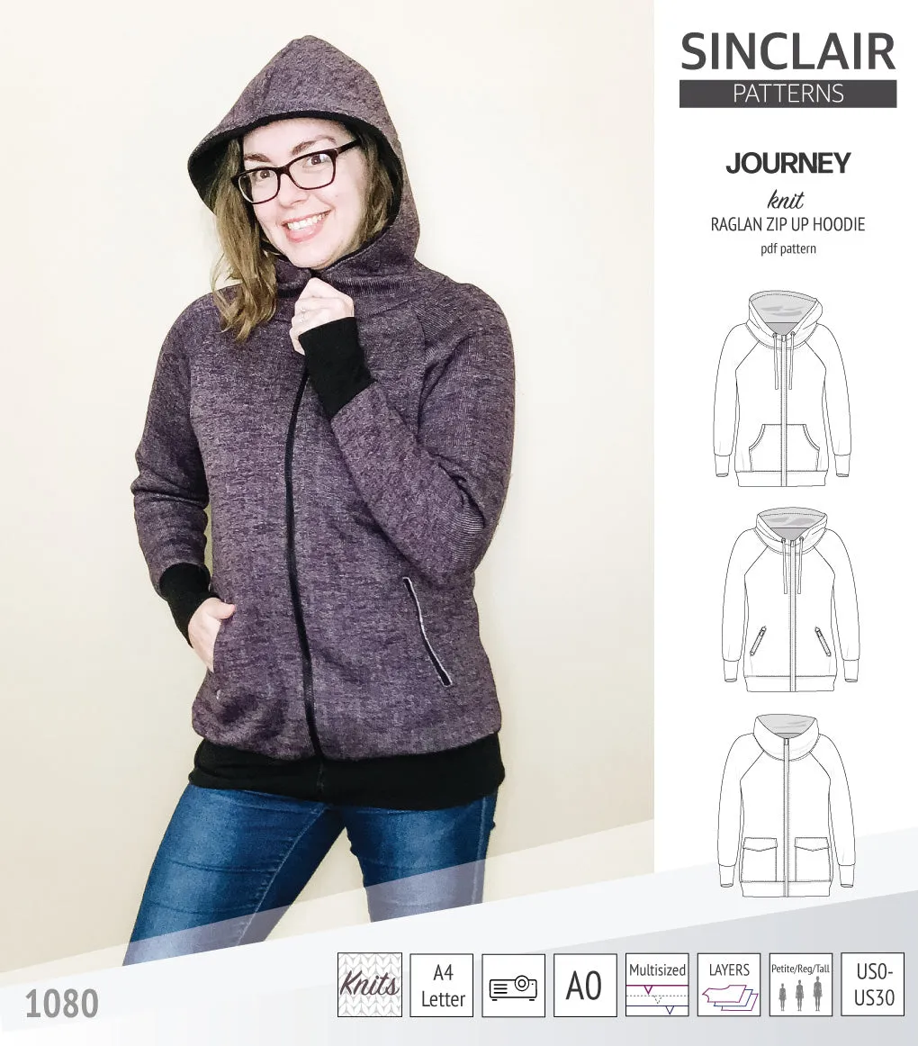 Journey zip up knit raglan hoodie with different pocket styles (PDF)