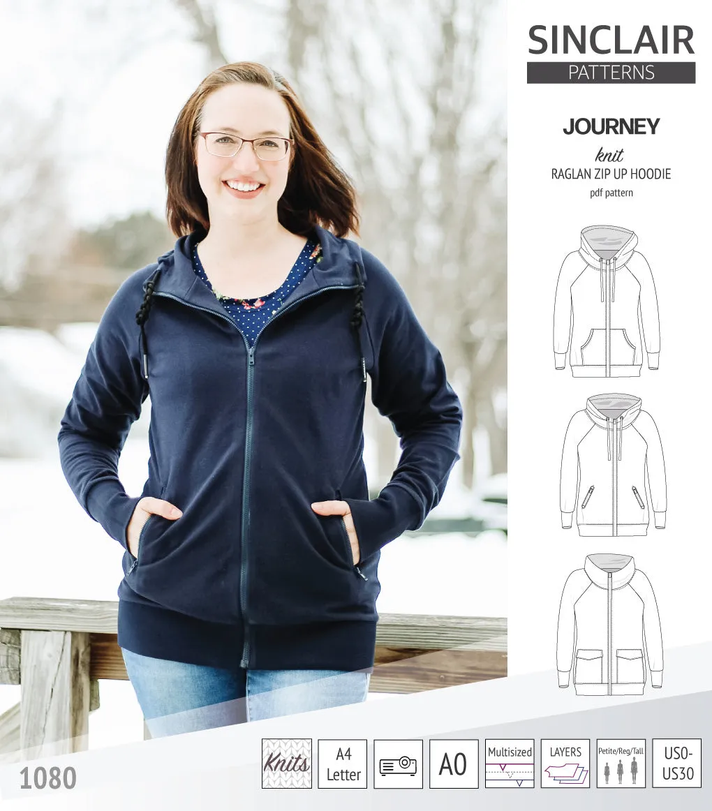 Journey zip up knit raglan hoodie with different pocket styles (PDF)