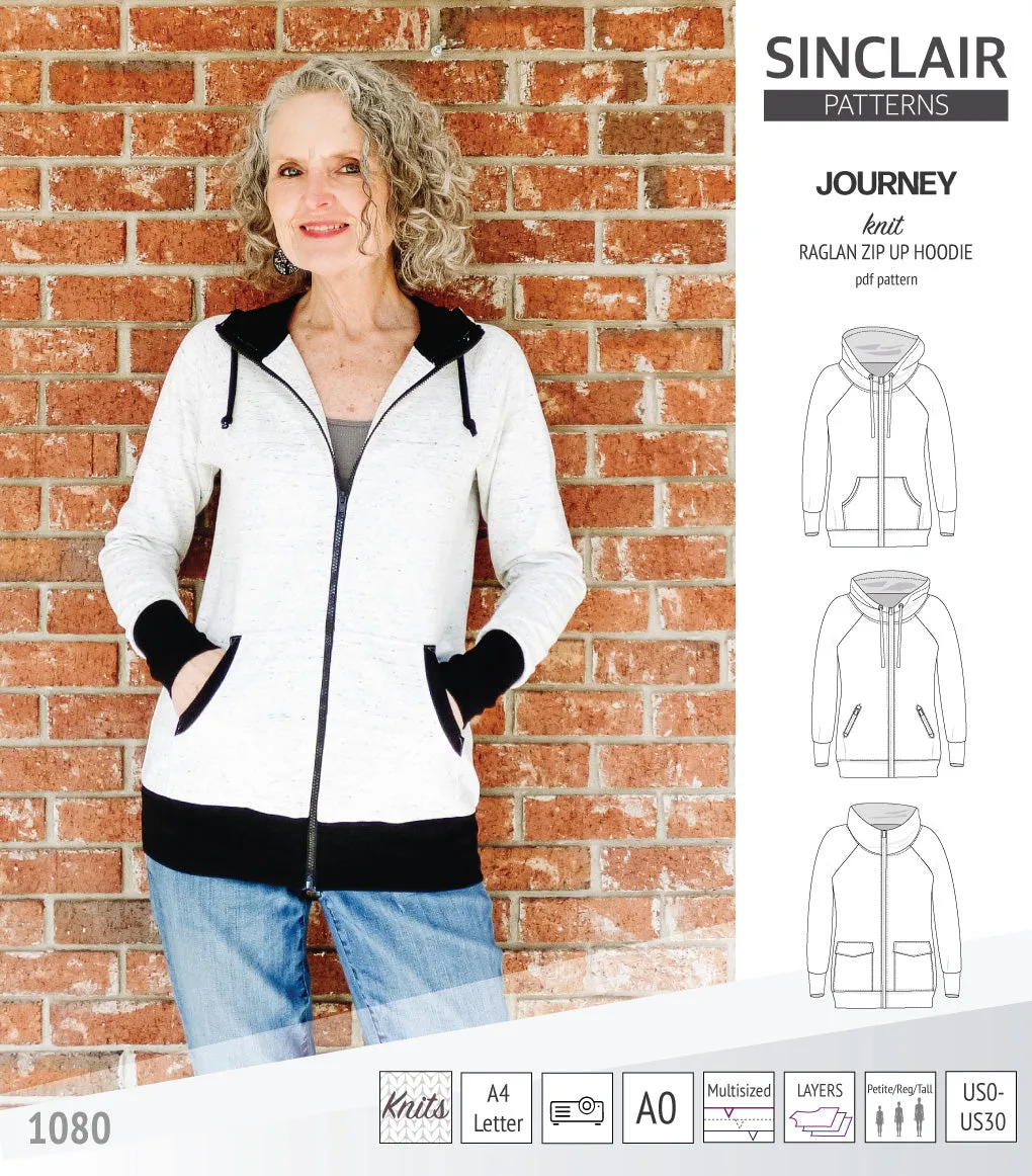 Journey zip up knit raglan hoodie with different pocket styles (PDF)