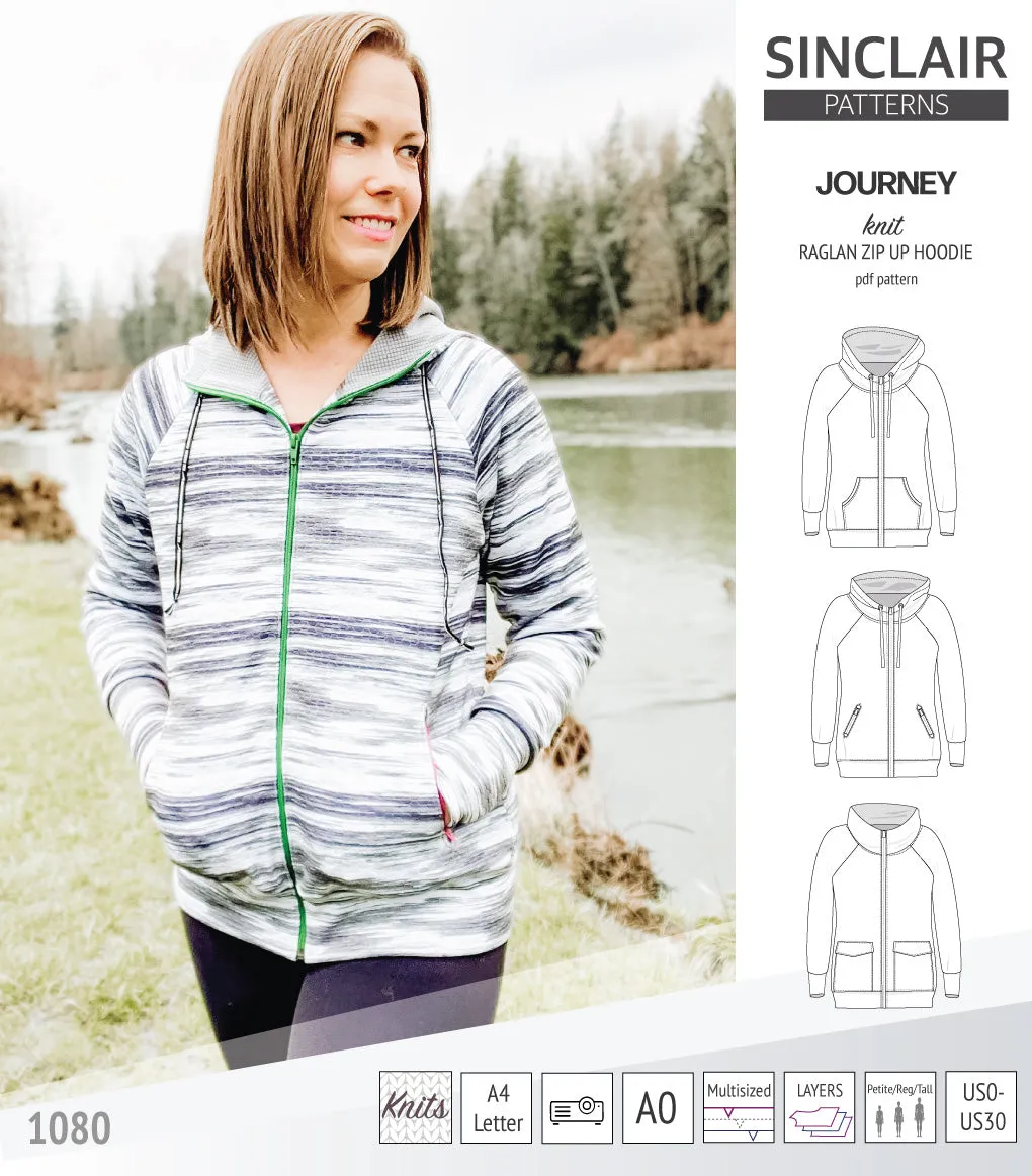Journey zip up knit raglan hoodie with different pocket styles (PDF)