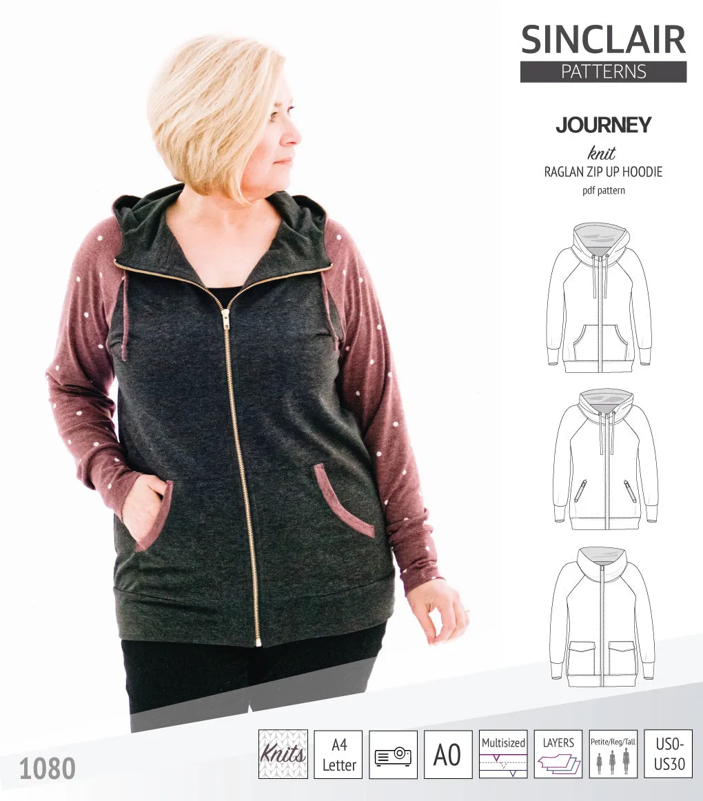 Journey zip up knit raglan hoodie with different pocket styles (PDF)