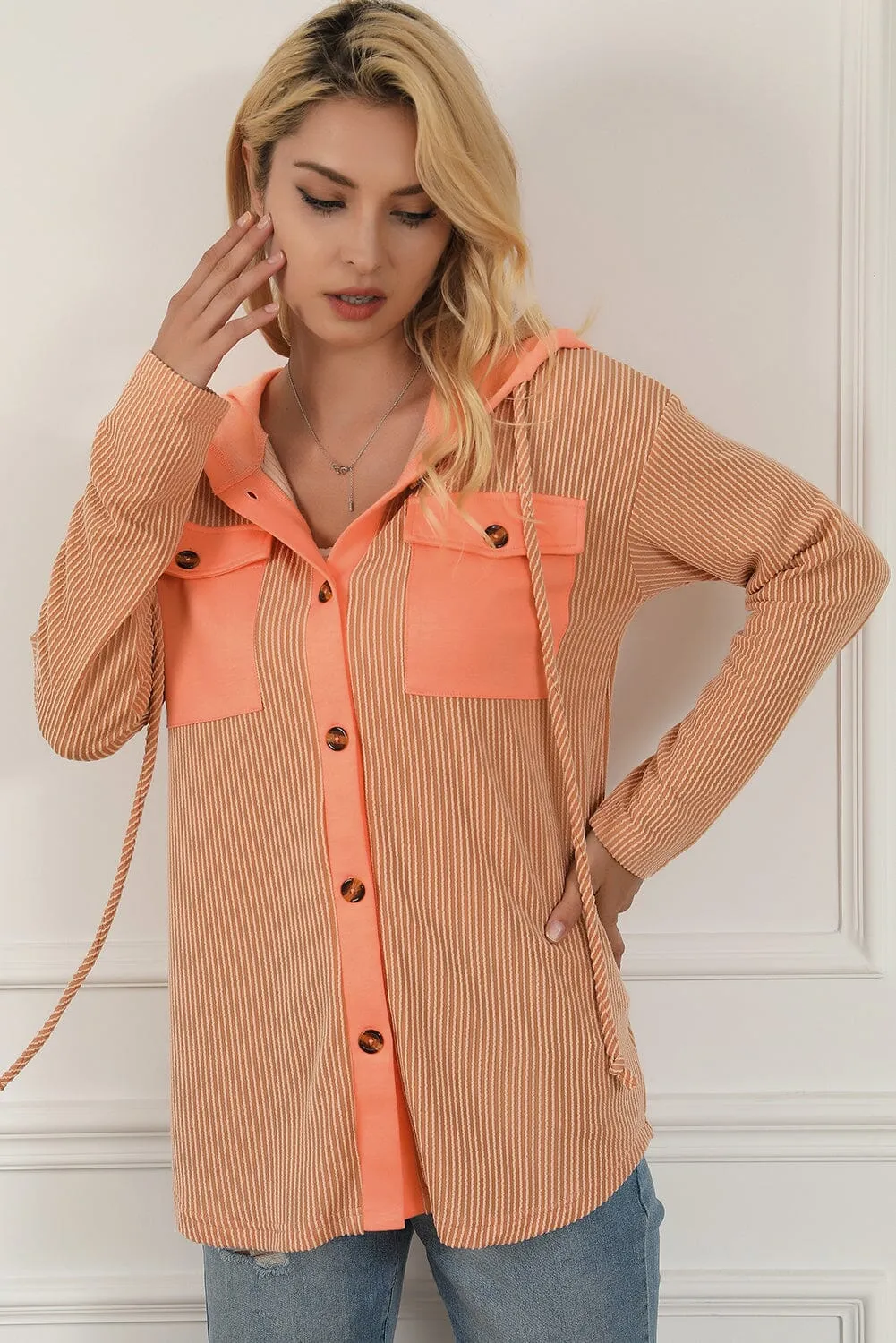 KaleaBoutique Flap Pockets Patchwork Hooded Ribbed Shacket