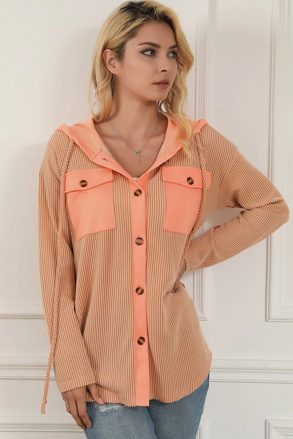 KaleaBoutique Flap Pockets Patchwork Hooded Ribbed Shacket
