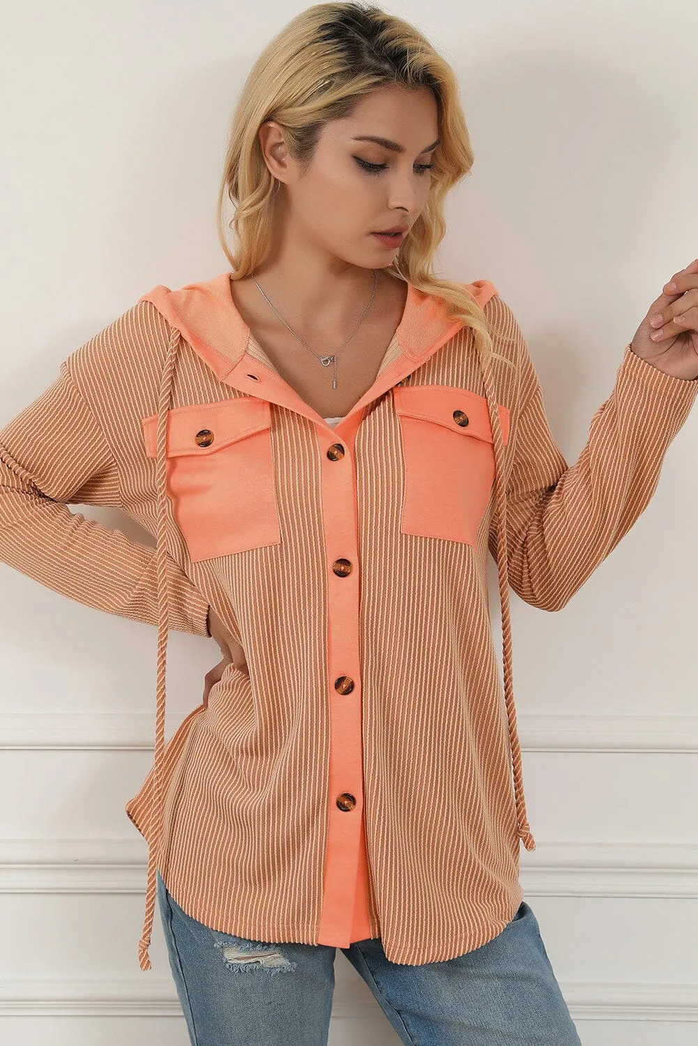KaleaBoutique Flap Pockets Patchwork Hooded Ribbed Shacket