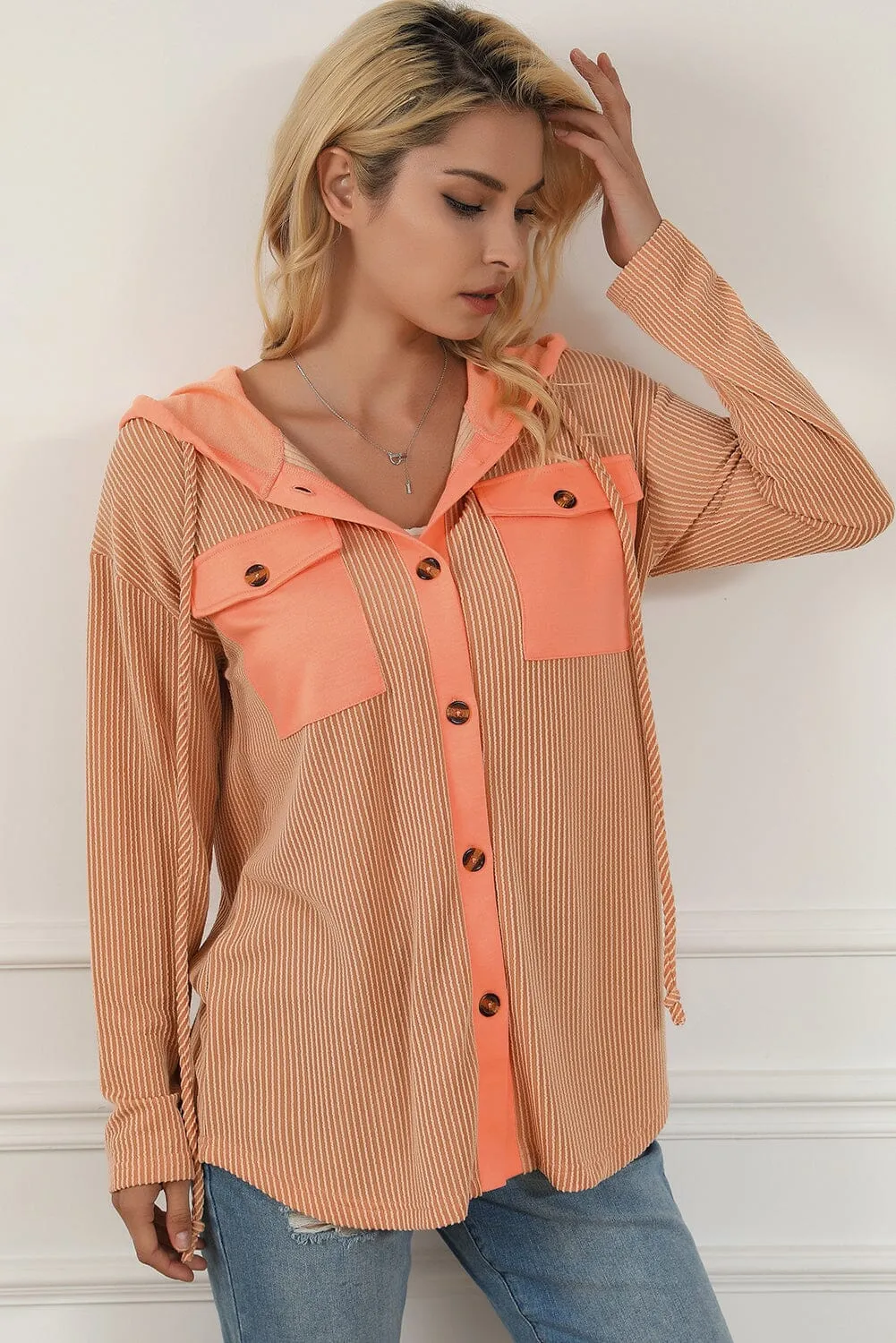 KaleaBoutique Flap Pockets Patchwork Hooded Ribbed Shacket