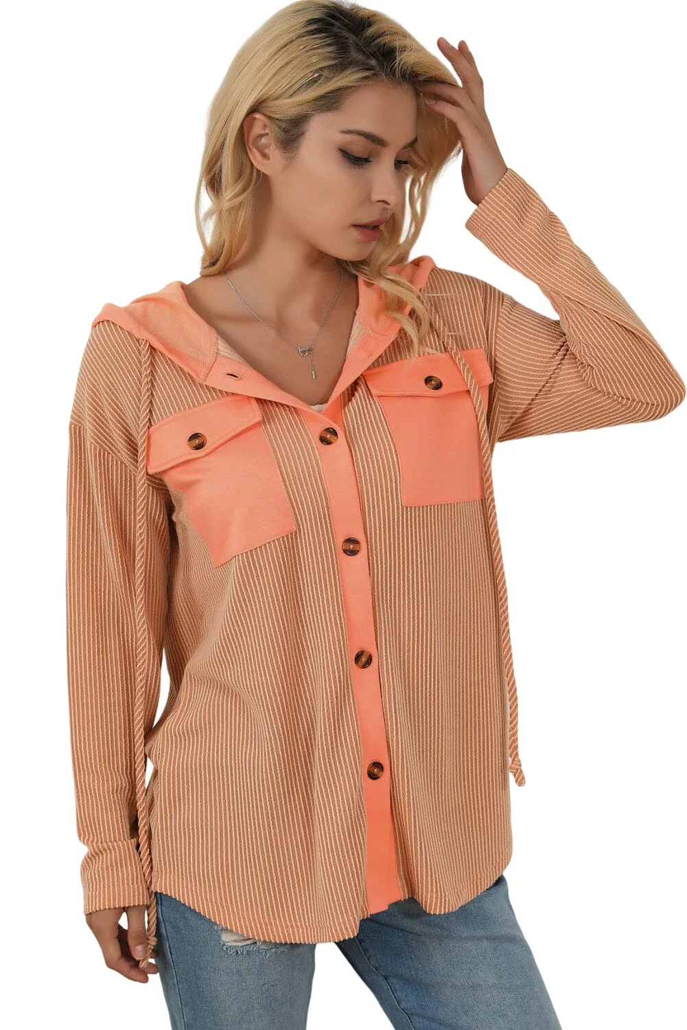 KaleaBoutique Flap Pockets Patchwork Hooded Ribbed Shacket