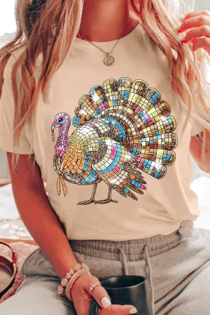 Khaki Heat Transfer Printing Thanksgiving Turkey Print Round Neck T Shirt
