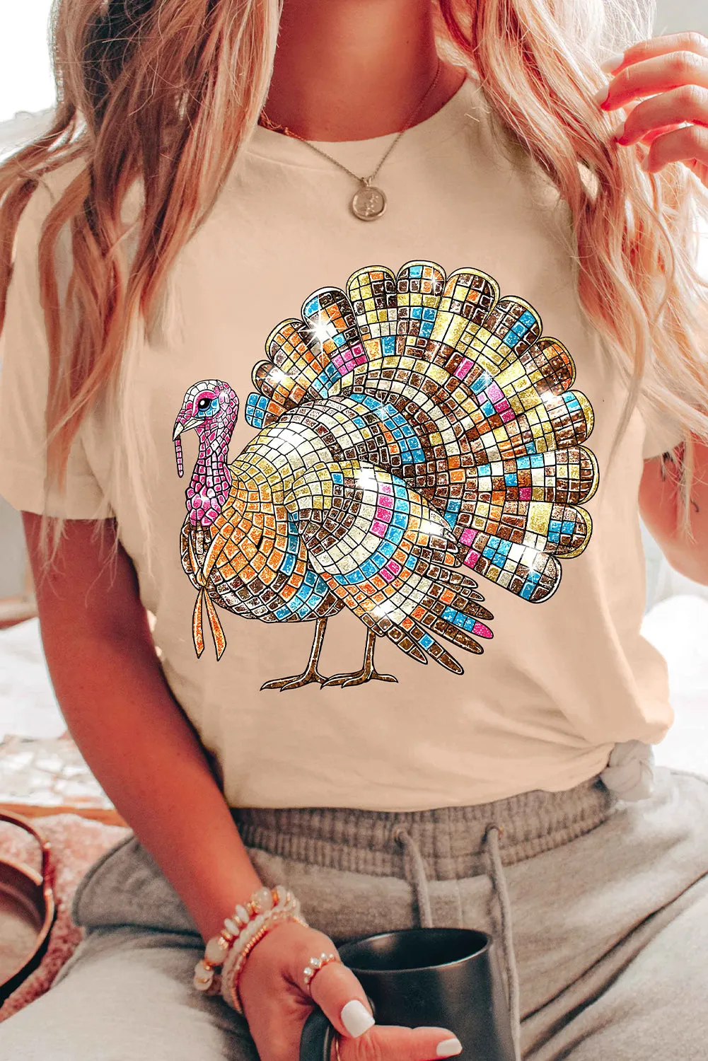 Khaki Heat Transfer Printing Thanksgiving Turkey Print Round Neck T Shirt