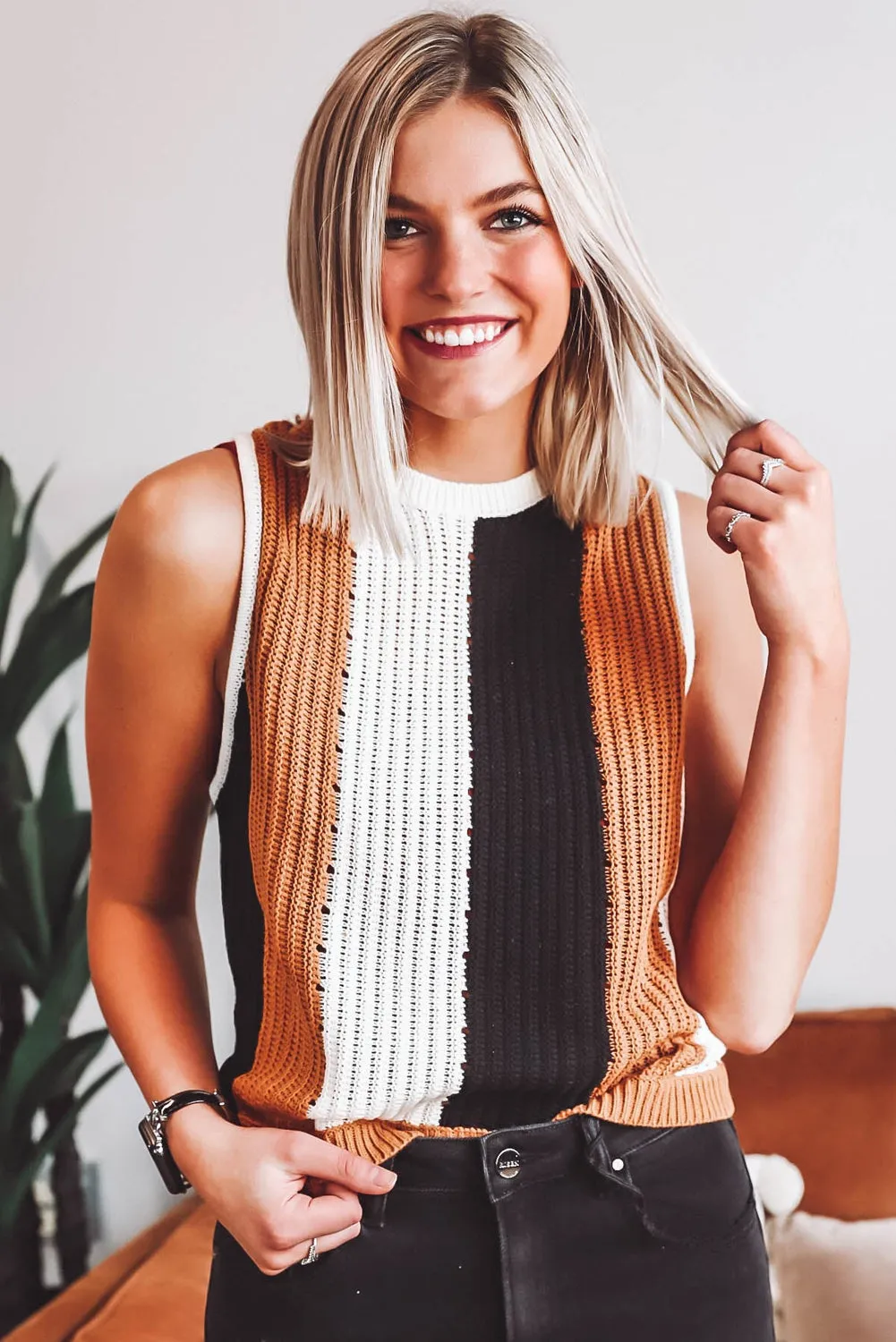 Khaki Stripe Color Block Sleeveless Knitted Sweater