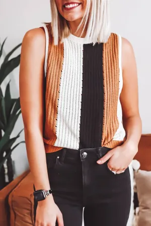 Khaki Stripe Color Block Sleeveless Knitted Sweater