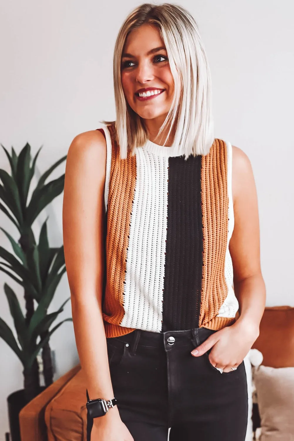 Khaki Stripe Color Block Sleeveless Knitted Sweater