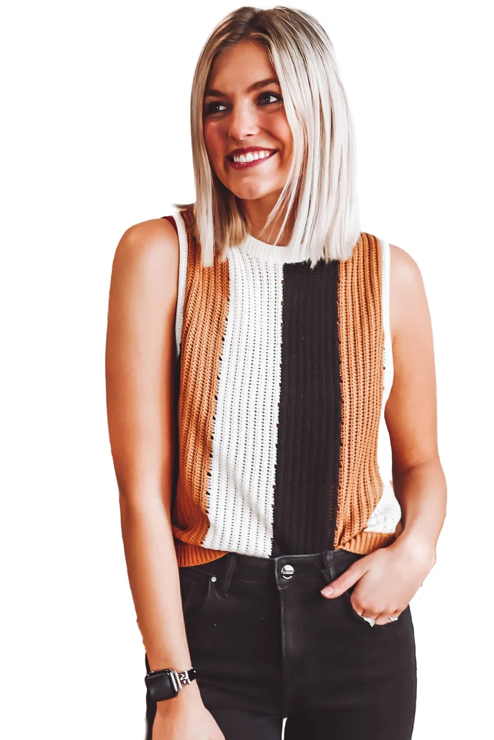 Khaki Stripe Color Block Sleeveless Knitted Sweater
