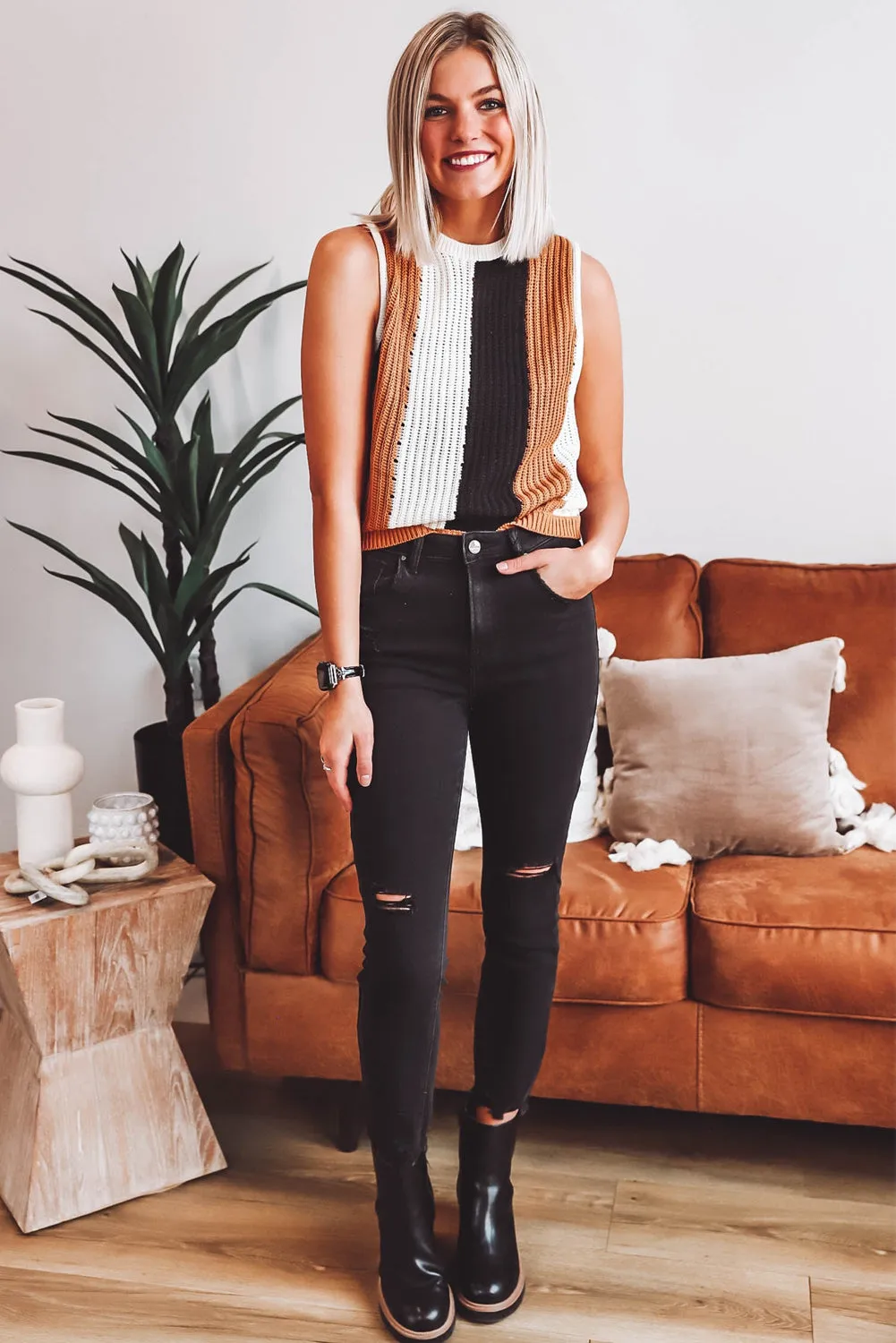 Khaki Stripe Color Block Sleeveless Knitted Sweater