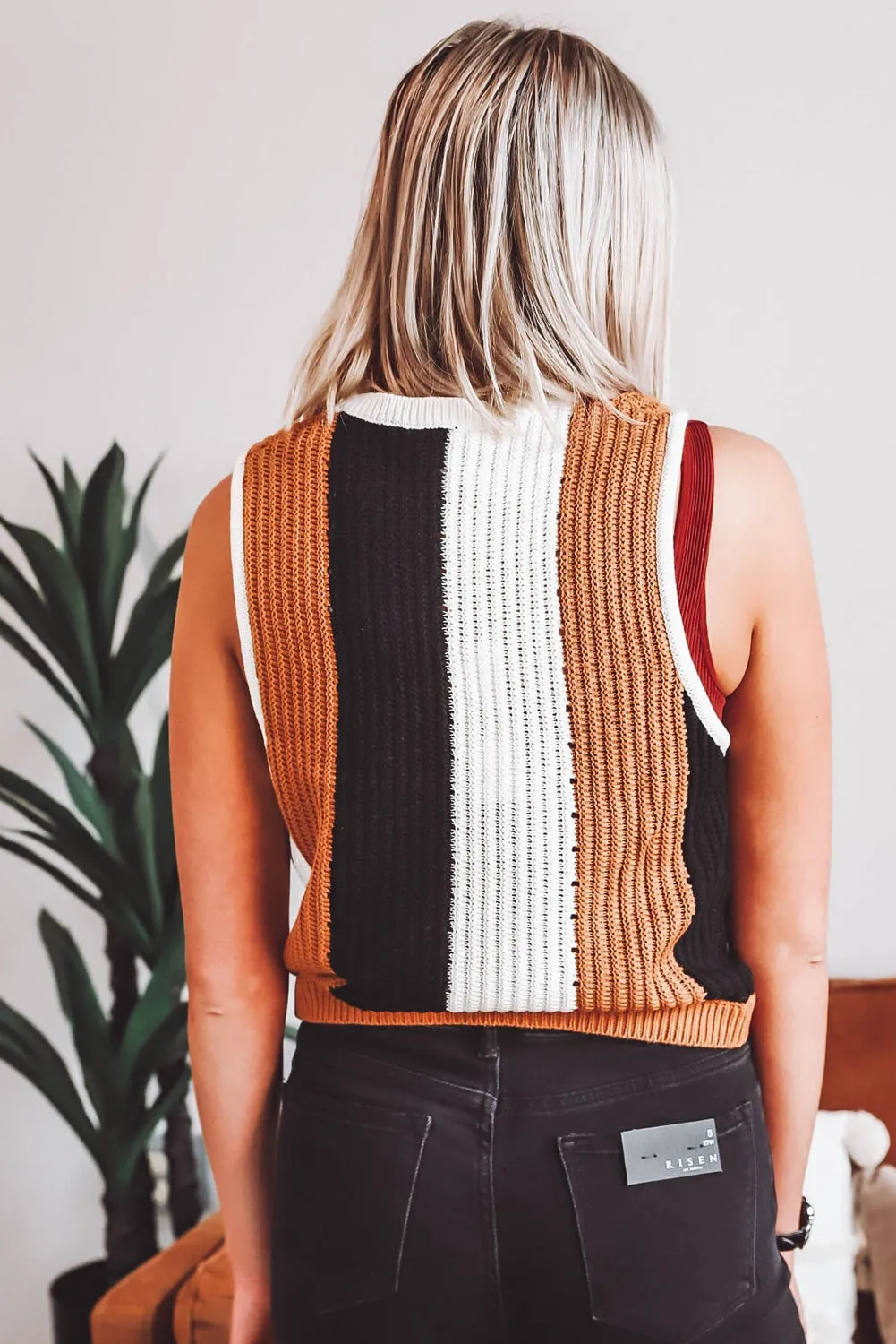 Khaki Stripe Color Block Sleeveless Knitted Sweater