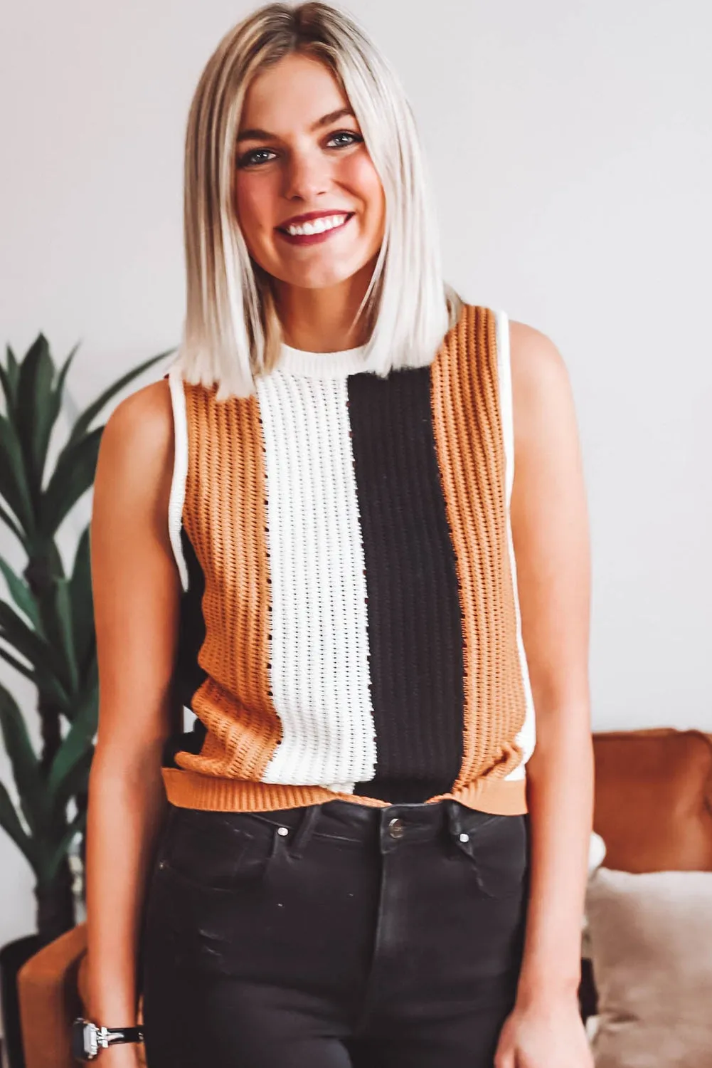 Khaki Stripe Color Block Sleeveless Knitted Sweater