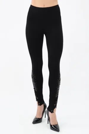Knit Leggings Lace Patch & Stones -Black