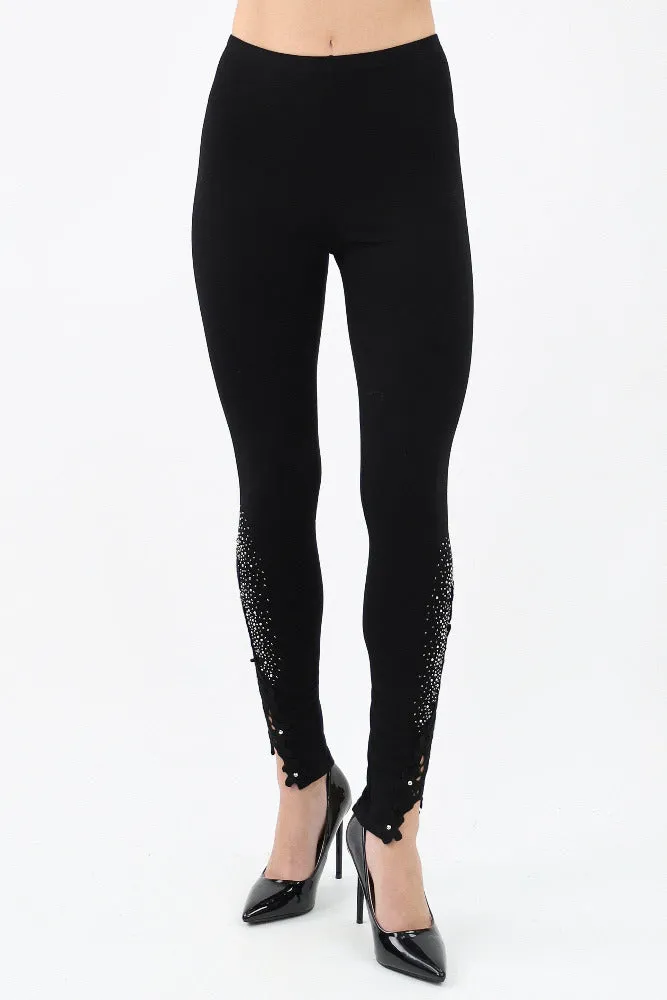 Knit Leggings Lace Patch & Stones -Black