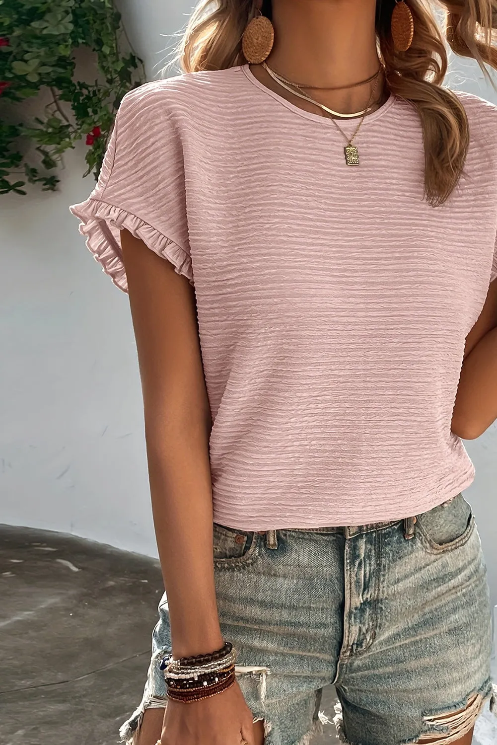 Light Pink Solid Textured Ruffled Short Sleeve Blouse