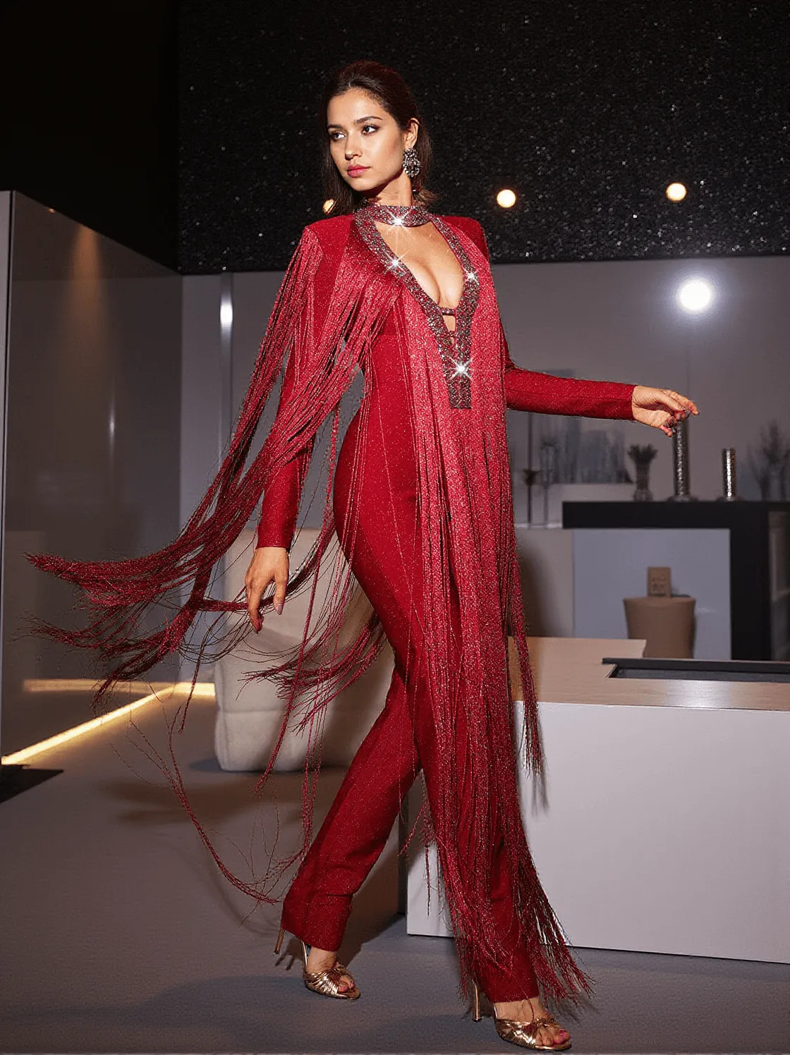 Lisanne Long Sleeve Fringe Bandage Jumpsuit