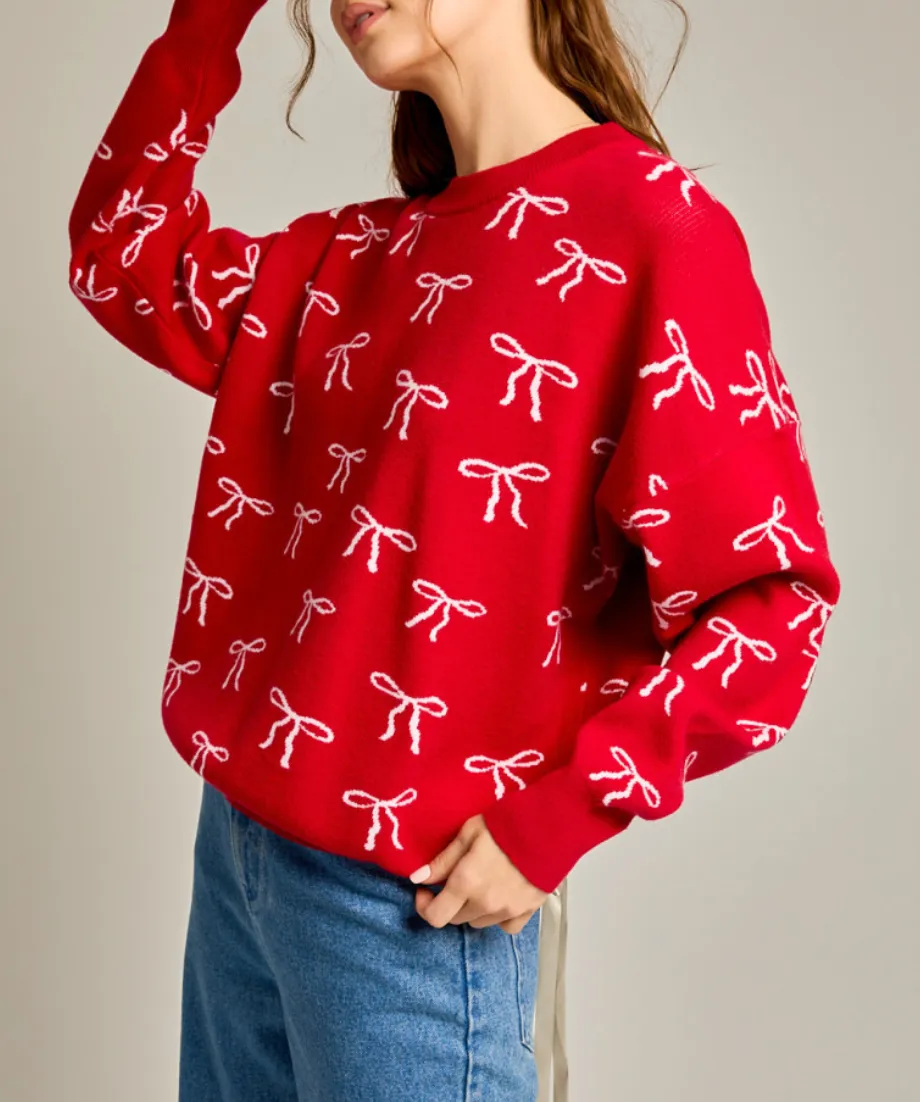 Long Sleeve Crewneck Oversized Bow Sweater