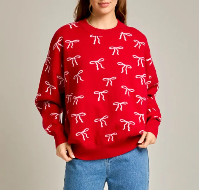 Long Sleeve Crewneck Oversized Bow Sweater