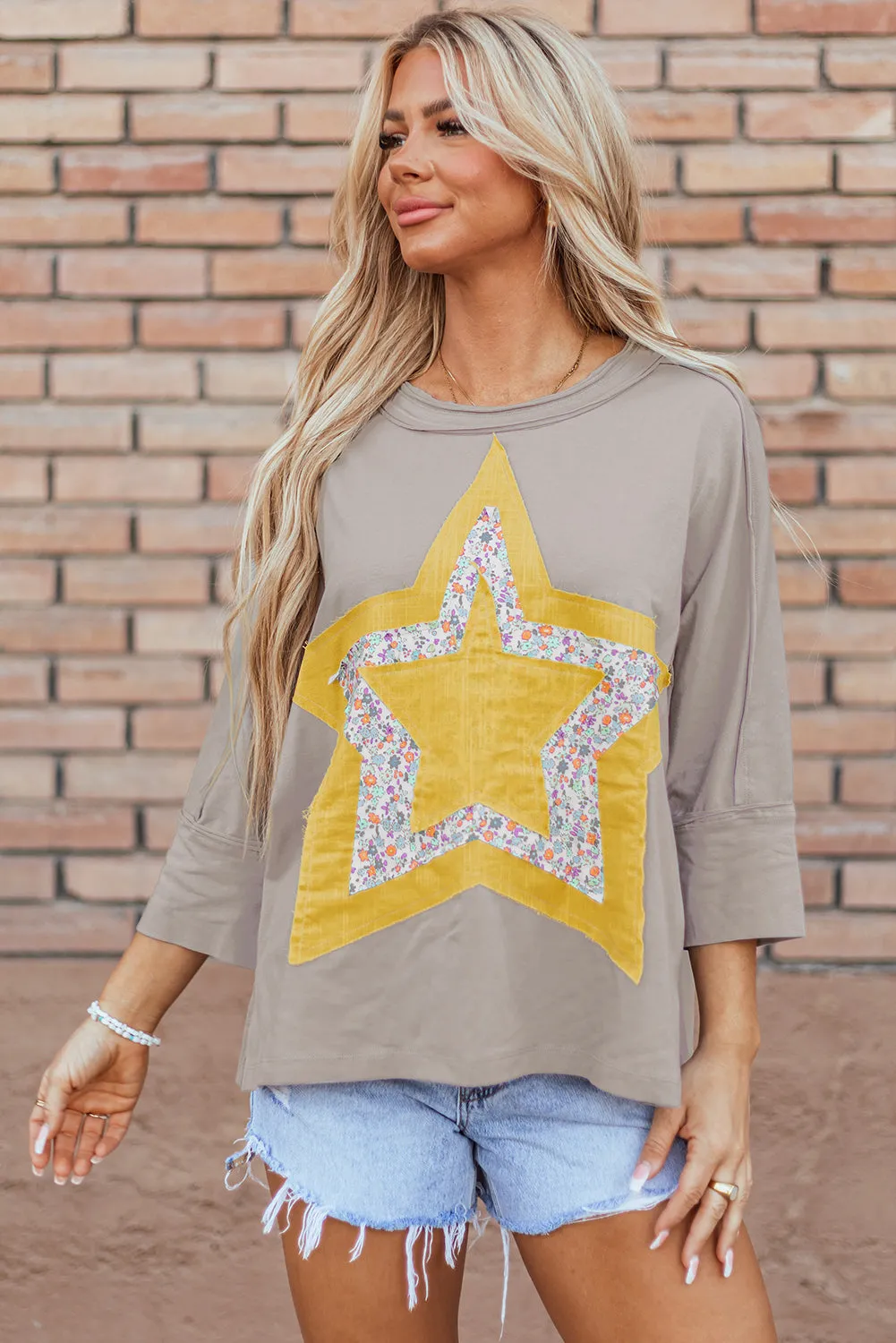 Medium Grey Floral Starbust Exposed Seam Mineral Wash Top