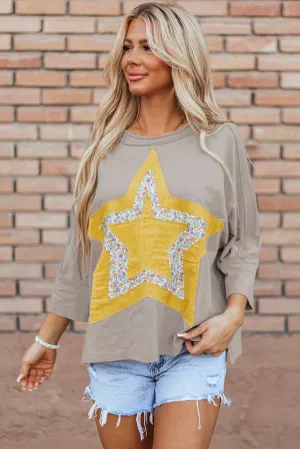 Medium Grey Floral Starbust Exposed Seam Mineral Wash Top