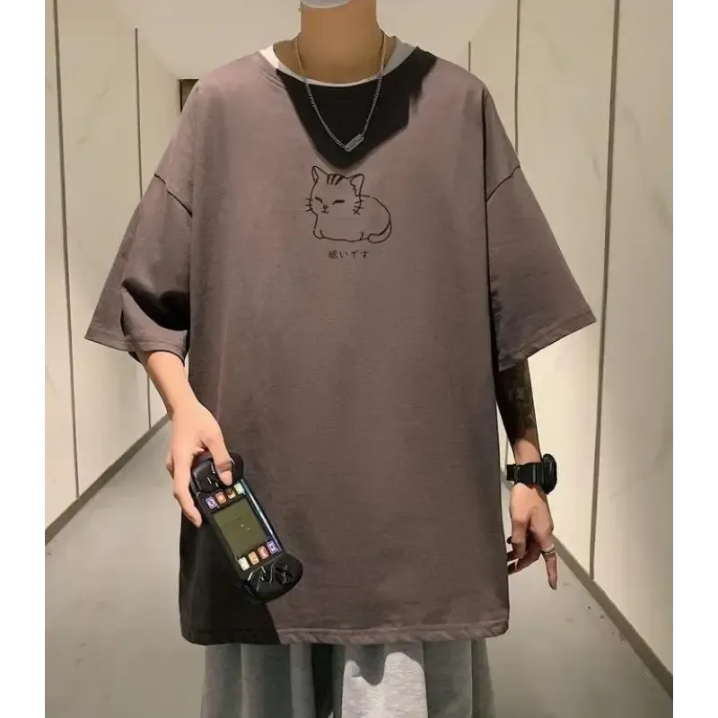 Men's Oversized Tee with Charming Lying Cat Sketch and Drop Shoulder Design