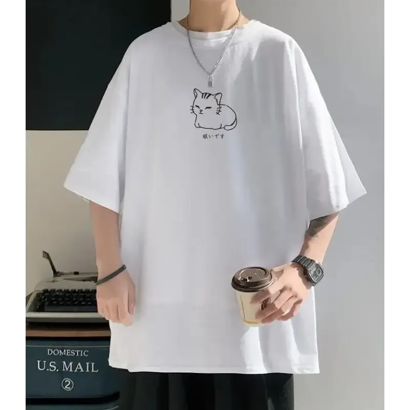 Men's Oversized Tee with Charming Lying Cat Sketch and Drop Shoulder Design