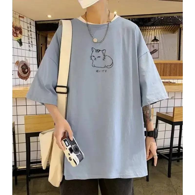 Men's Oversized Tee with Charming Lying Cat Sketch and Drop Shoulder Design