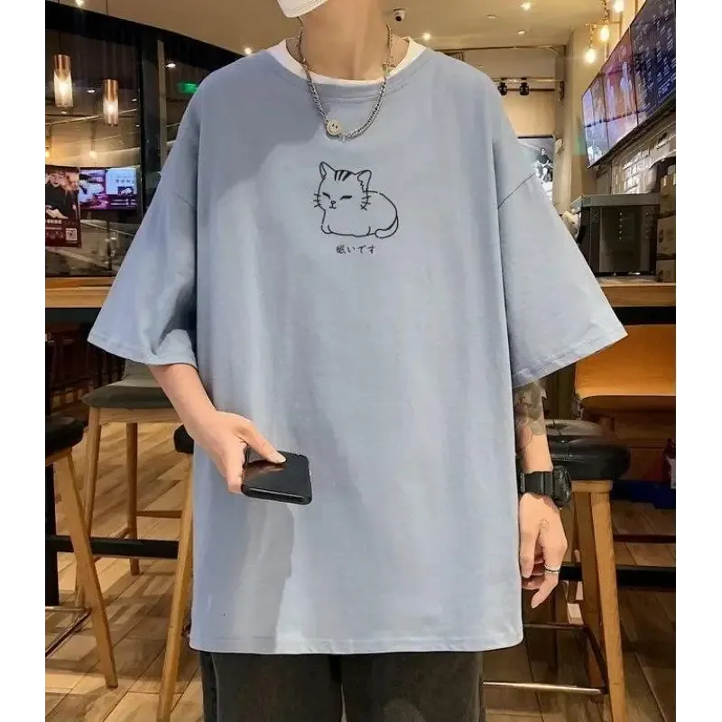 Men's Oversized Tee with Charming Lying Cat Sketch and Drop Shoulder Design
