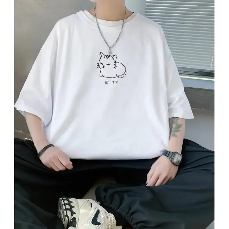 Men's Oversized Tee with Charming Lying Cat Sketch and Drop Shoulder Design