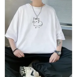 Men's Oversized Tee with Charming Lying Cat Sketch and Drop Shoulder Design