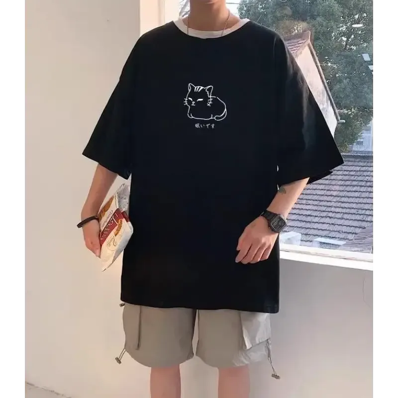Men's Oversized Tee with Charming Lying Cat Sketch and Drop Shoulder Design