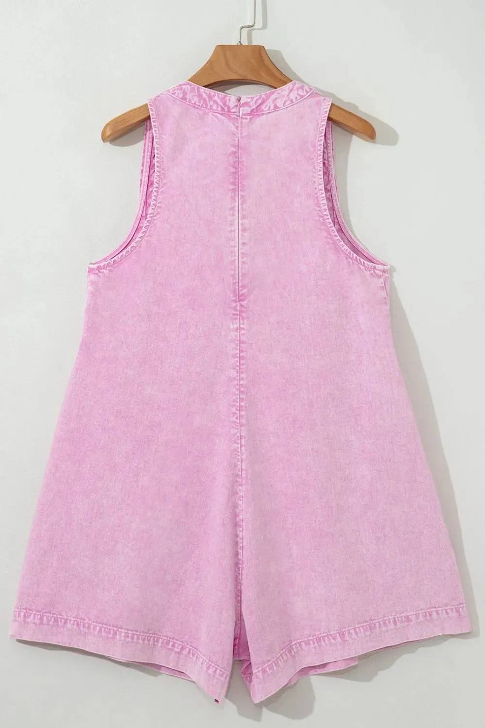 Mineral Wash Pleated Bust V Neck Sleeveless Denim Romper