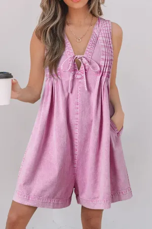 Mineral Wash Pleated Bust V Neck Sleeveless Denim Romper