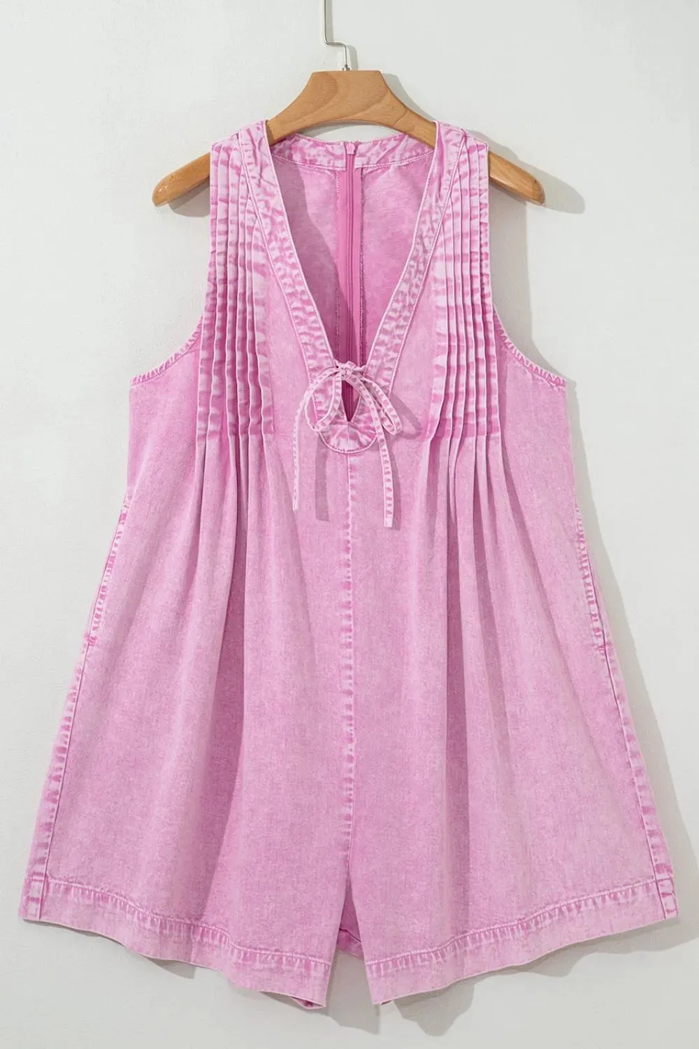 Mineral Wash Pleated Bust V Neck Sleeveless Denim Romper