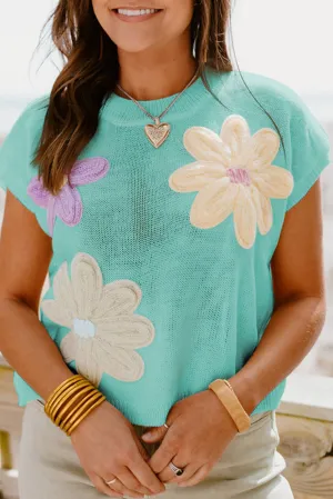 Moonlight Jade Big Flower Knit Short Sleeve Sweater