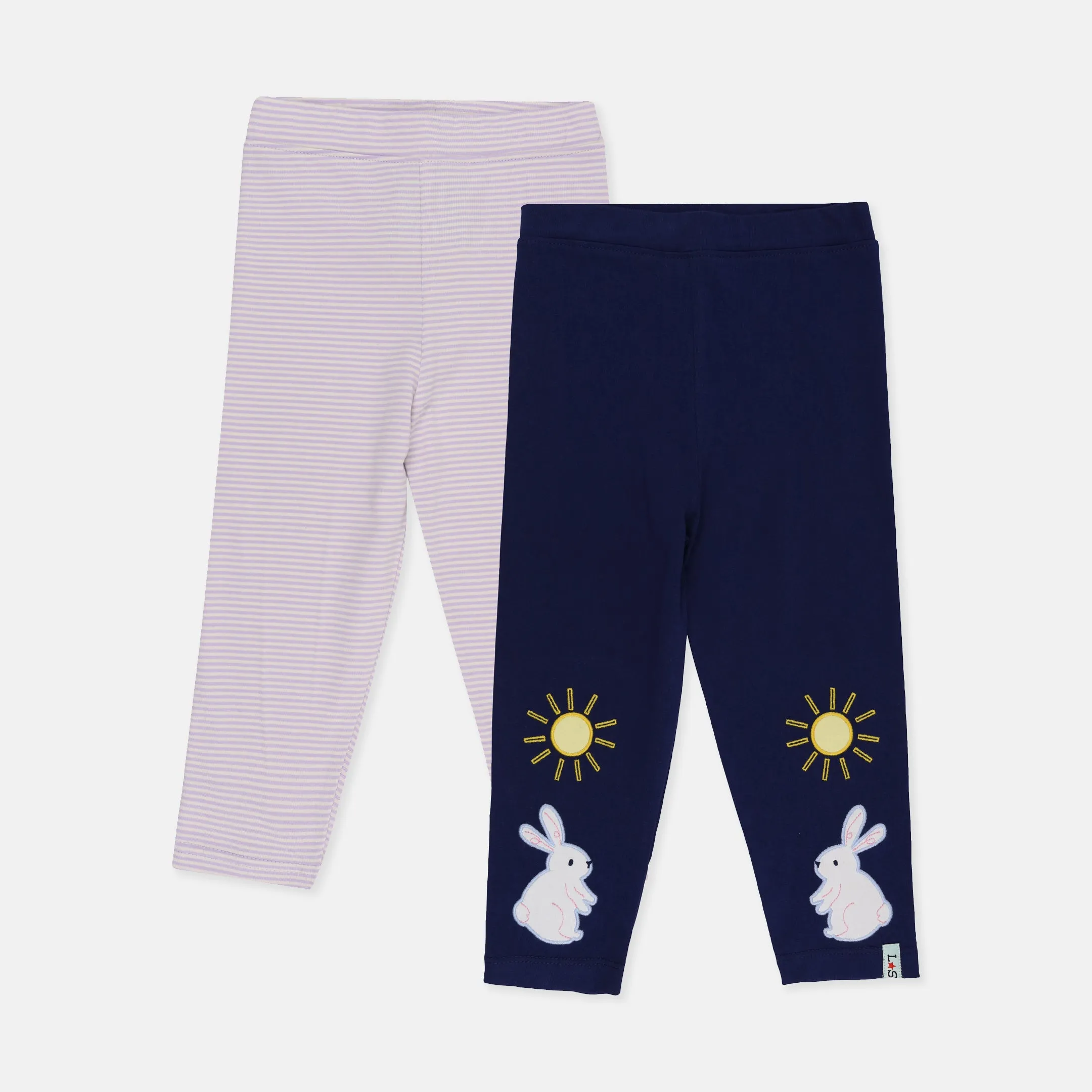 Multicoloured Bunny Applique And Stripe Print Leggings - 2 Pack