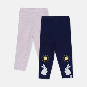Multicoloured Bunny Applique And Stripe Print Leggings - 2 Pack