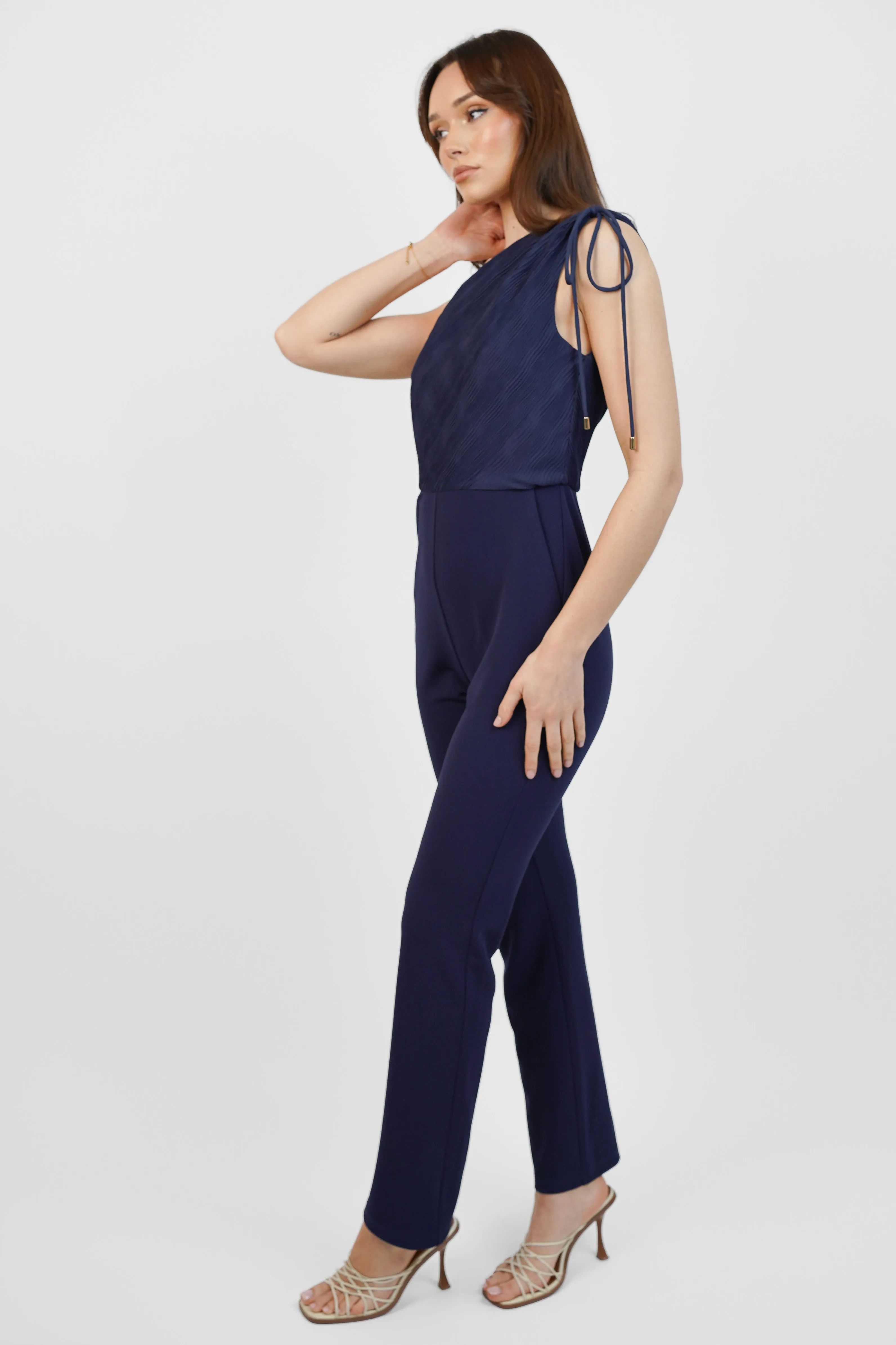 Navy One Shoulder Straight Leg Jumpsuit