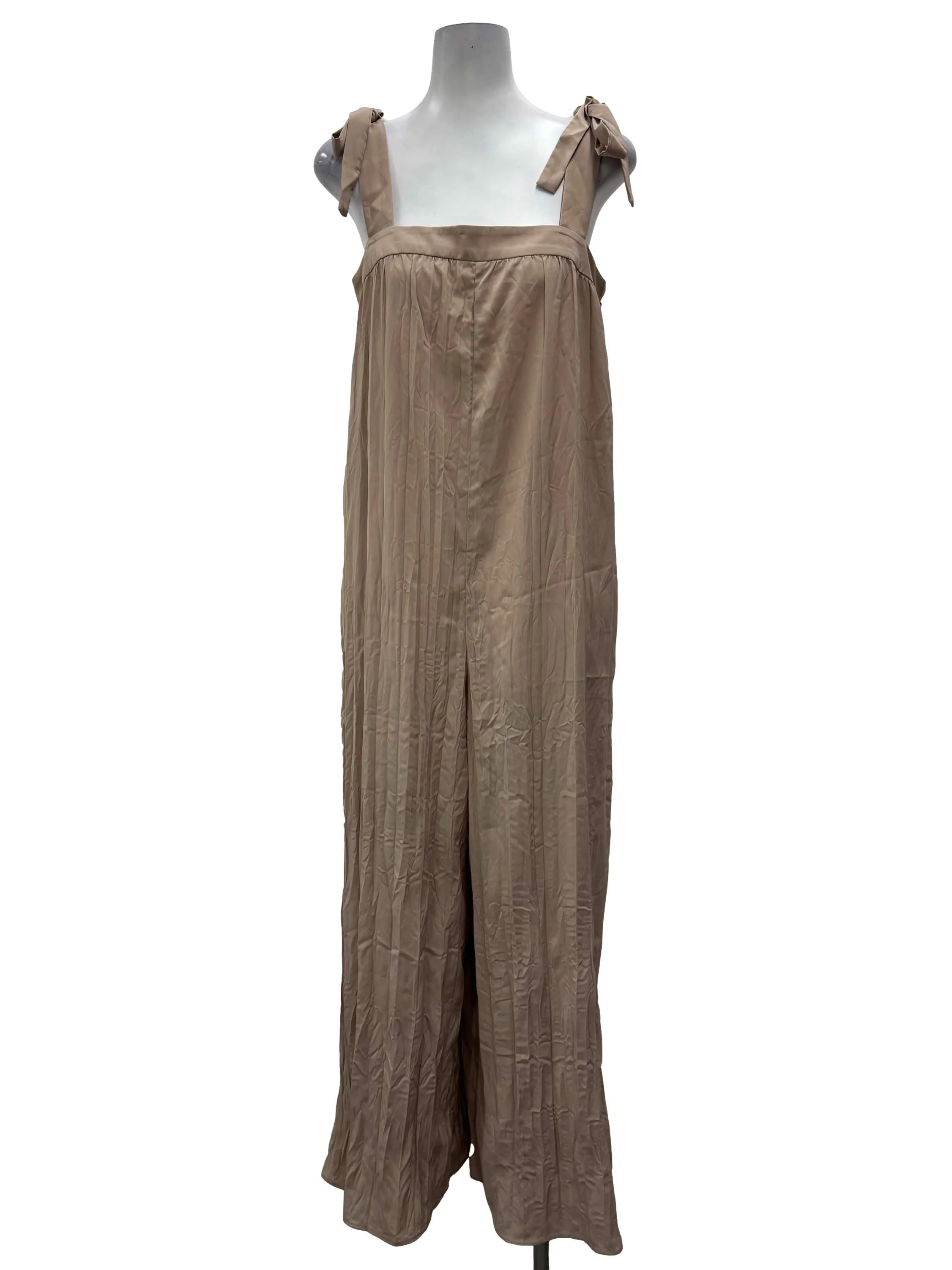 Nude Square Neck Tie Pleated Jumpsuit