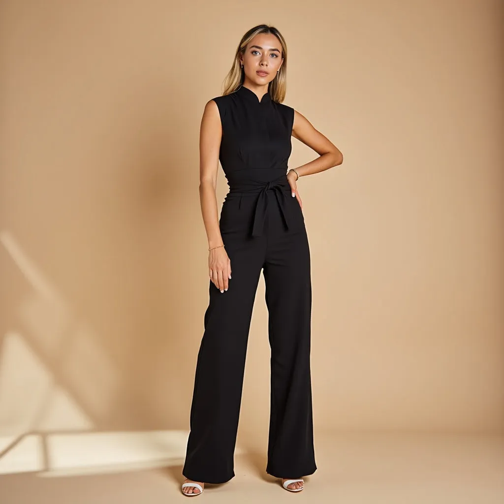 OLIVIANA | Sleeveless Jumpsuit with High Collar and Belt