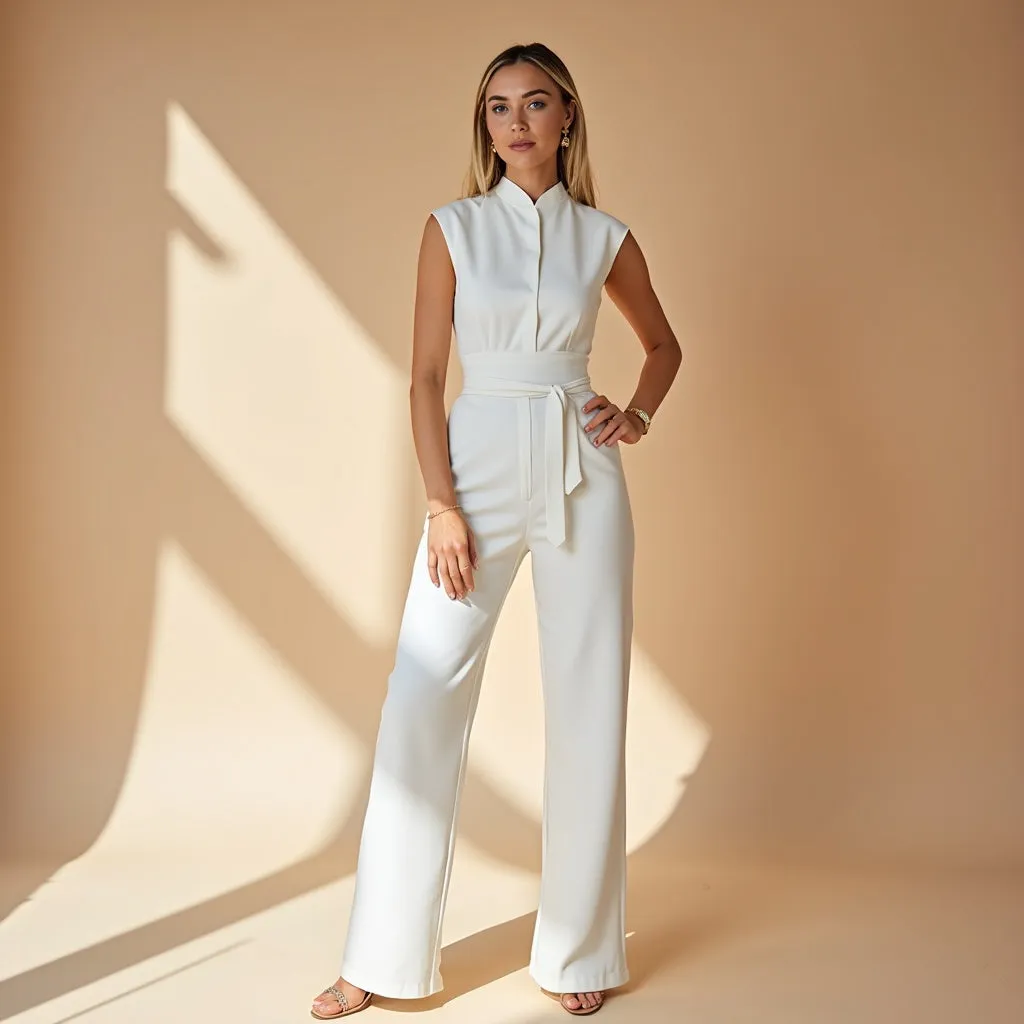 OLIVIANA | Sleeveless Jumpsuit with High Collar and Belt