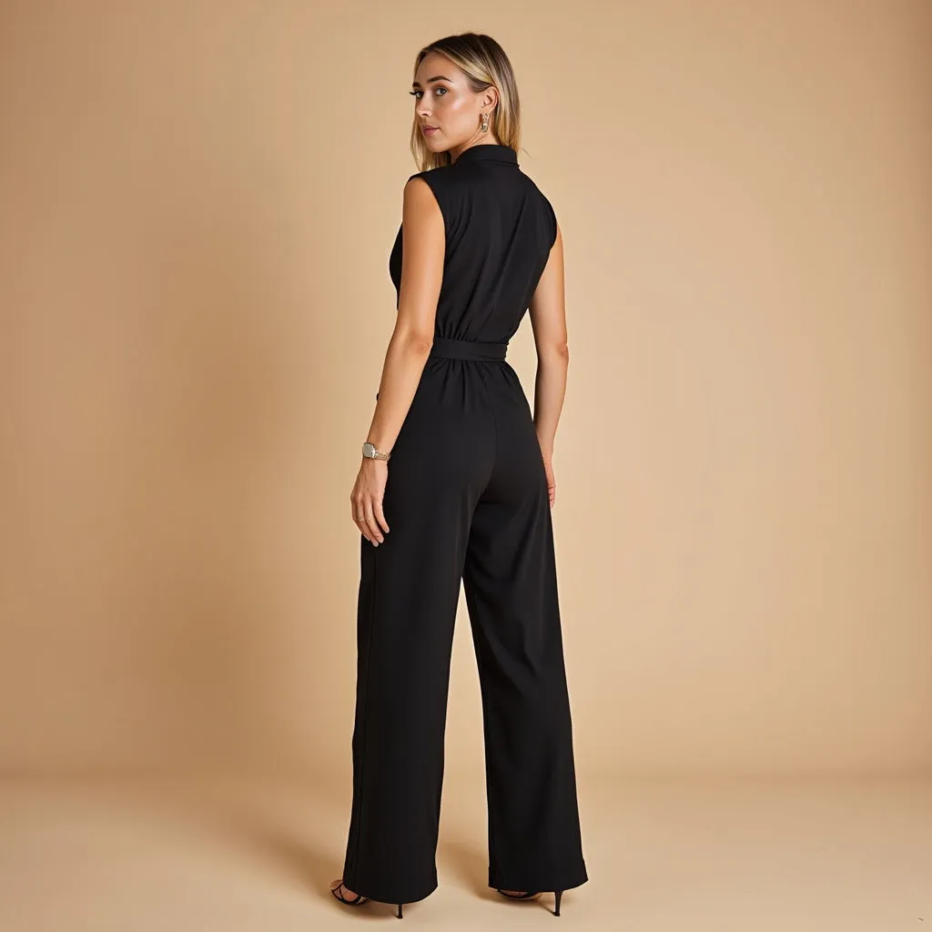 OLIVIANA | Sleeveless Jumpsuit with High Collar and Belt