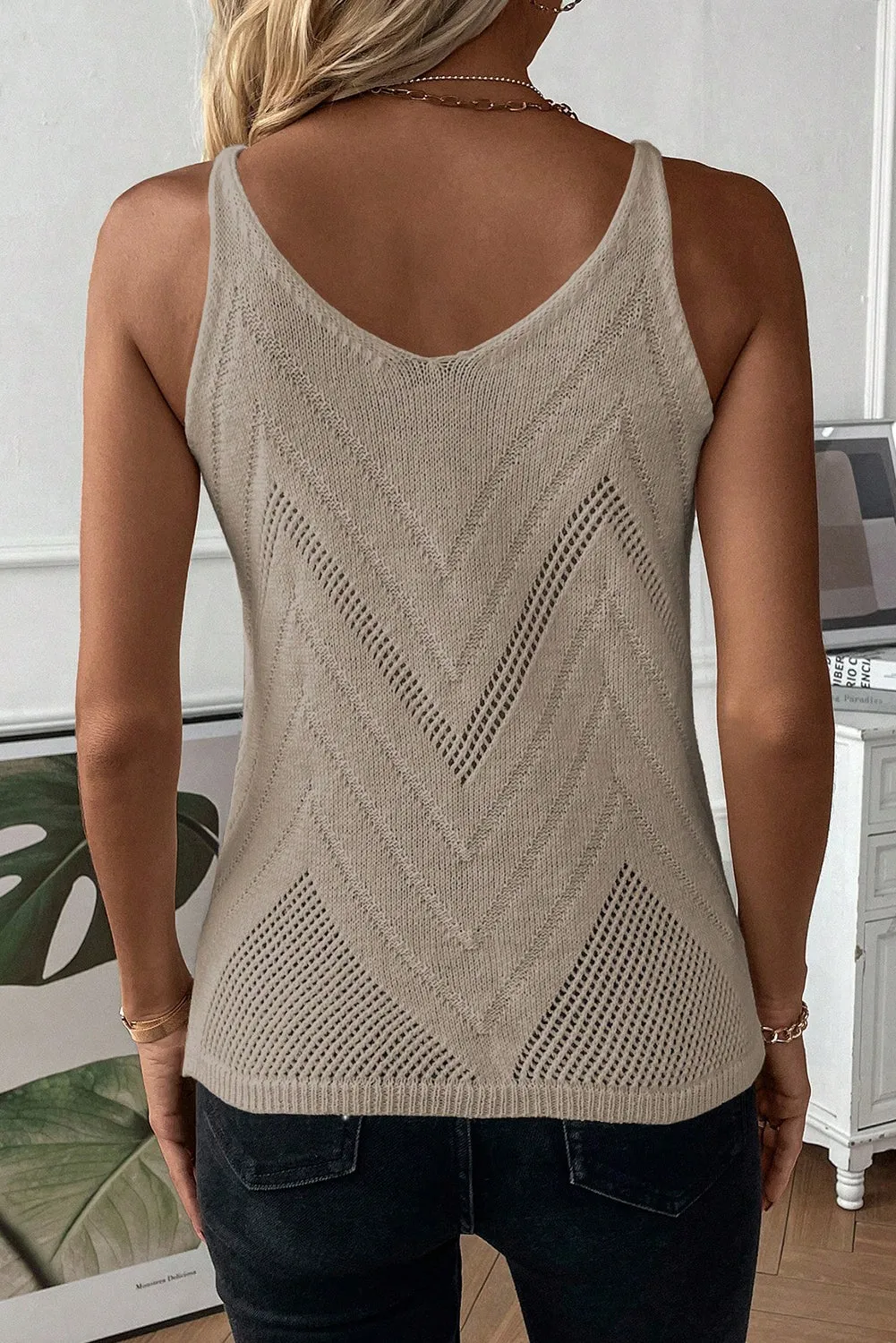 Parchment Chevron Pointelle Knit Spaghetti Straps Sweater Vest