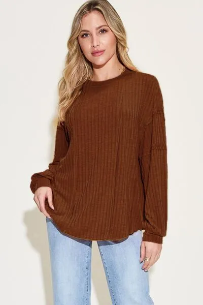 Pauline Full Size Ribbed Round Neck Long Sleeve T-Shirt