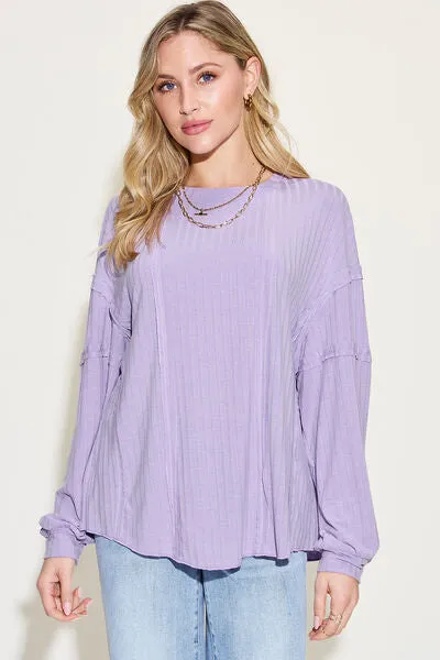 Pauline Full Size Ribbed Round Neck Long Sleeve T-Shirt