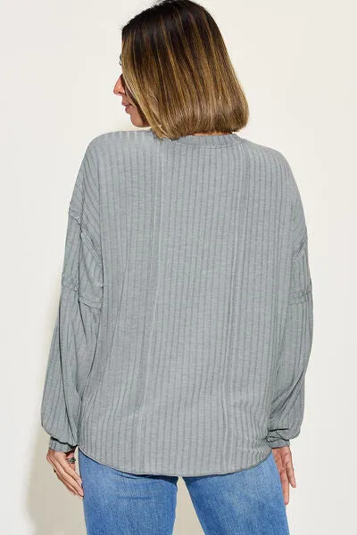 Pauline Full Size Ribbed Round Neck Long Sleeve T-Shirt